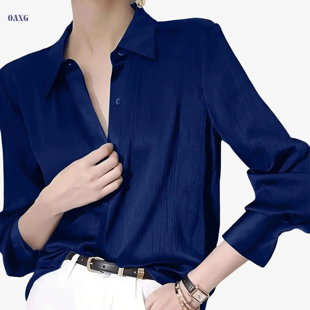 Elegant Women's Black Satin Shirt - Long Sleeve, Chic Style Top   OAXG 