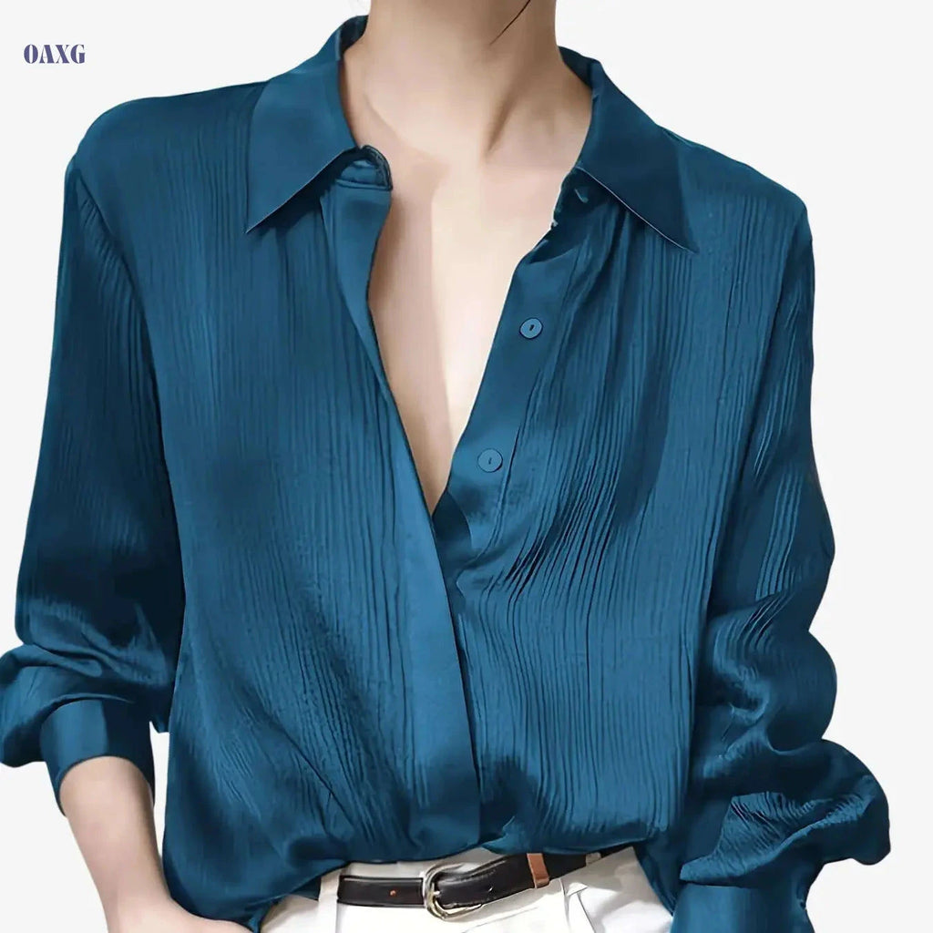Elegant Women's Black Satin Shirt - Long Sleeve, Chic Style Top   OAXG 