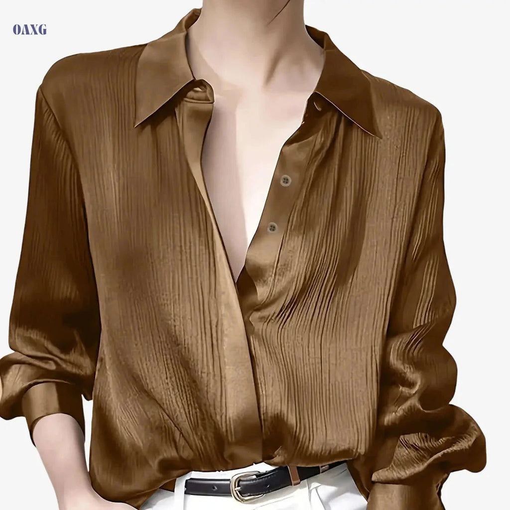 Elegant Women's Black Satin Shirt - Long Sleeve, Chic Style Top   OAXG 