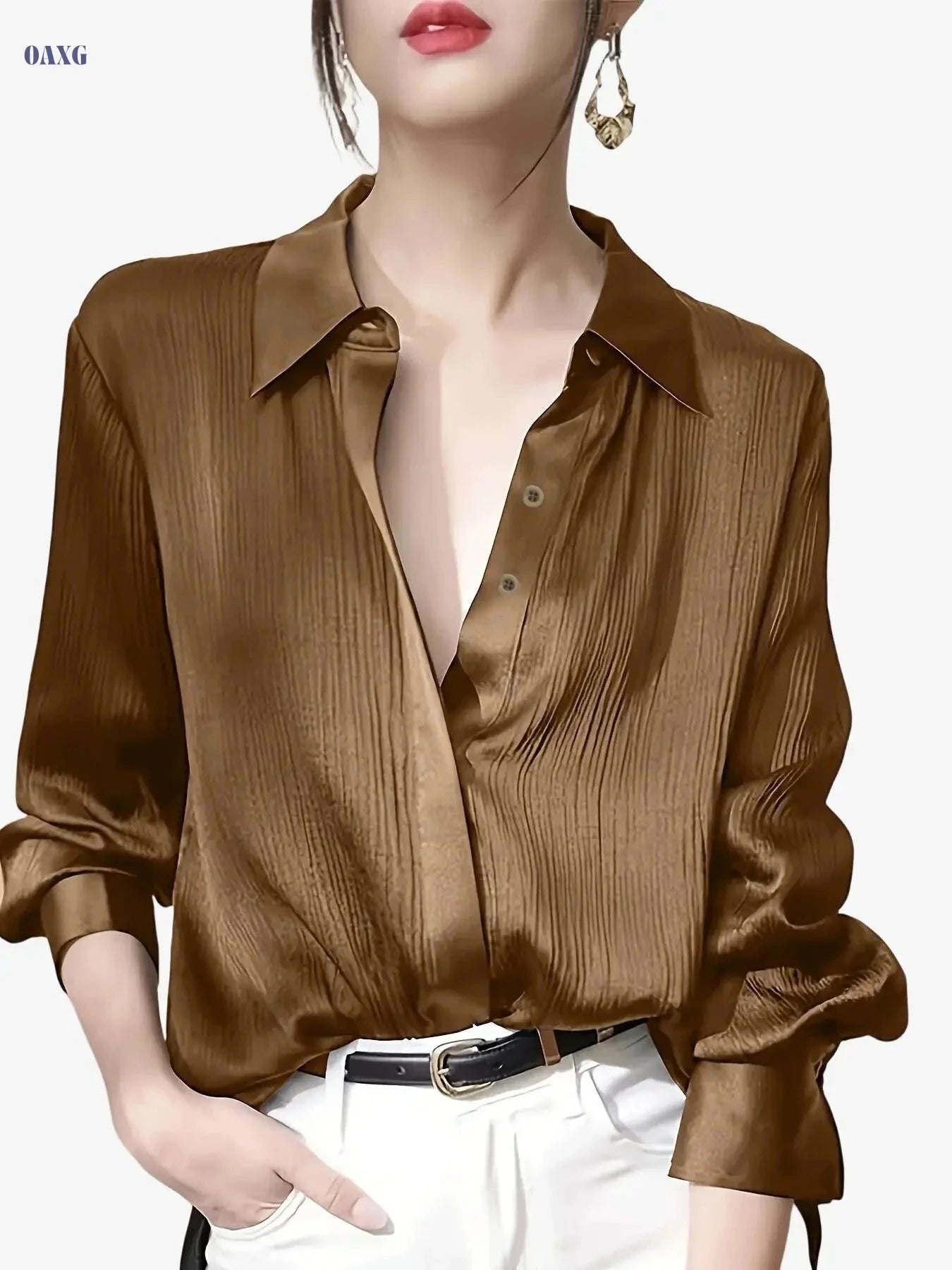 Elegant Women's Black Satin Shirt - Long Sleeve, Chic Style Top   OAXG 