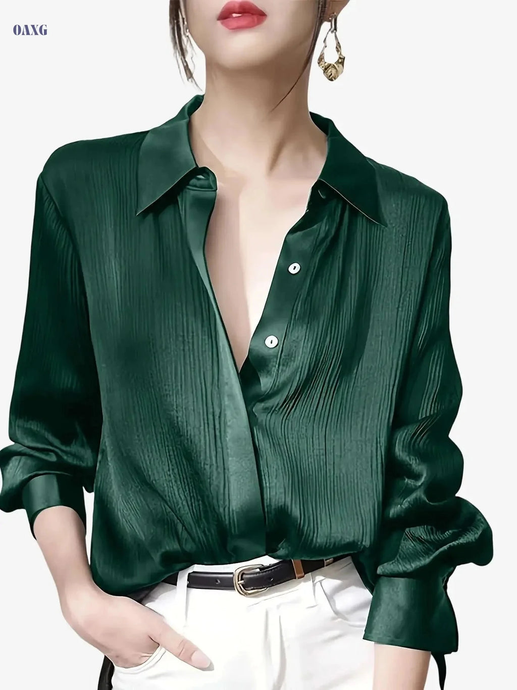 Elegant Women's Black Satin Shirt - Long Sleeve, Chic Style Top   OAXG 