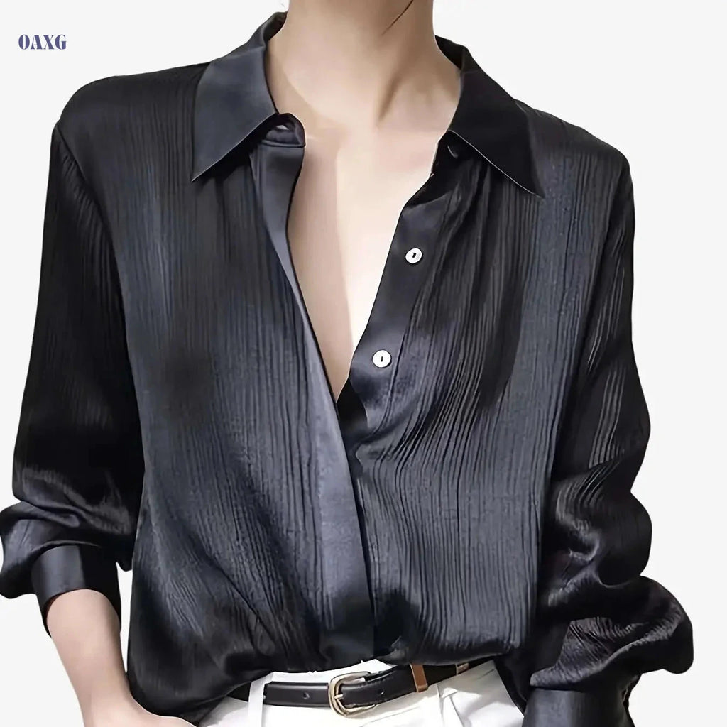 Elegant Women's Black Satin Shirt - Long Sleeve, Chic Style Top   OAXG 