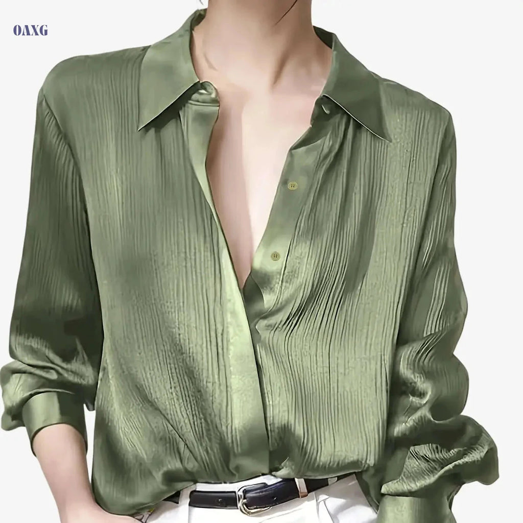 Elegant Women's Black Satin Shirt - Long Sleeve, Chic Style Top   OAXG 