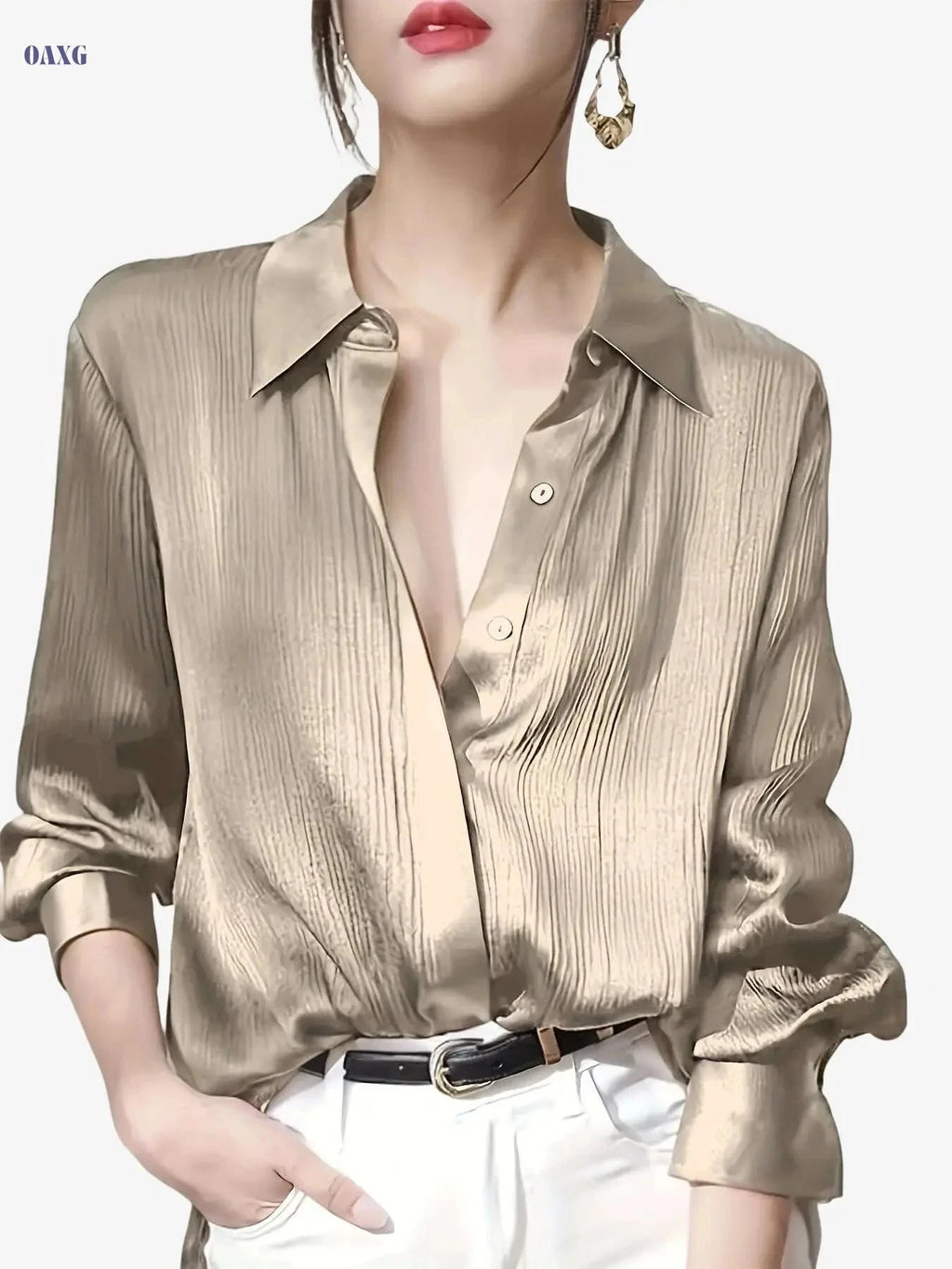 Elegant Women's Black Satin Shirt - Long Sleeve, Chic Style Top   OAXG 