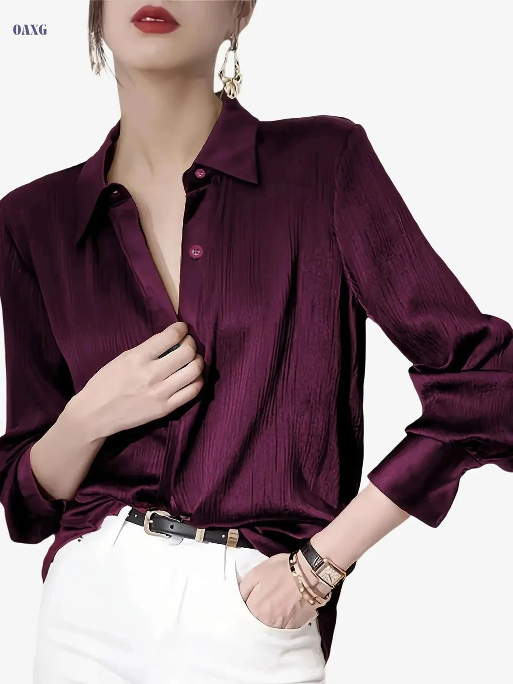 Elegant Women's Black Satin Shirt - Long Sleeve, Chic Style Top   OAXG 
