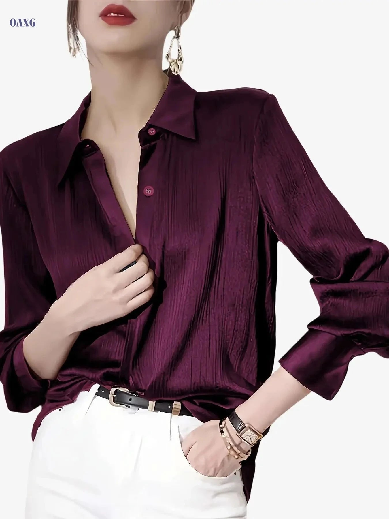 Elegant Women's Black Satin Shirt - Long Sleeve, Chic Style Top   OAXG 