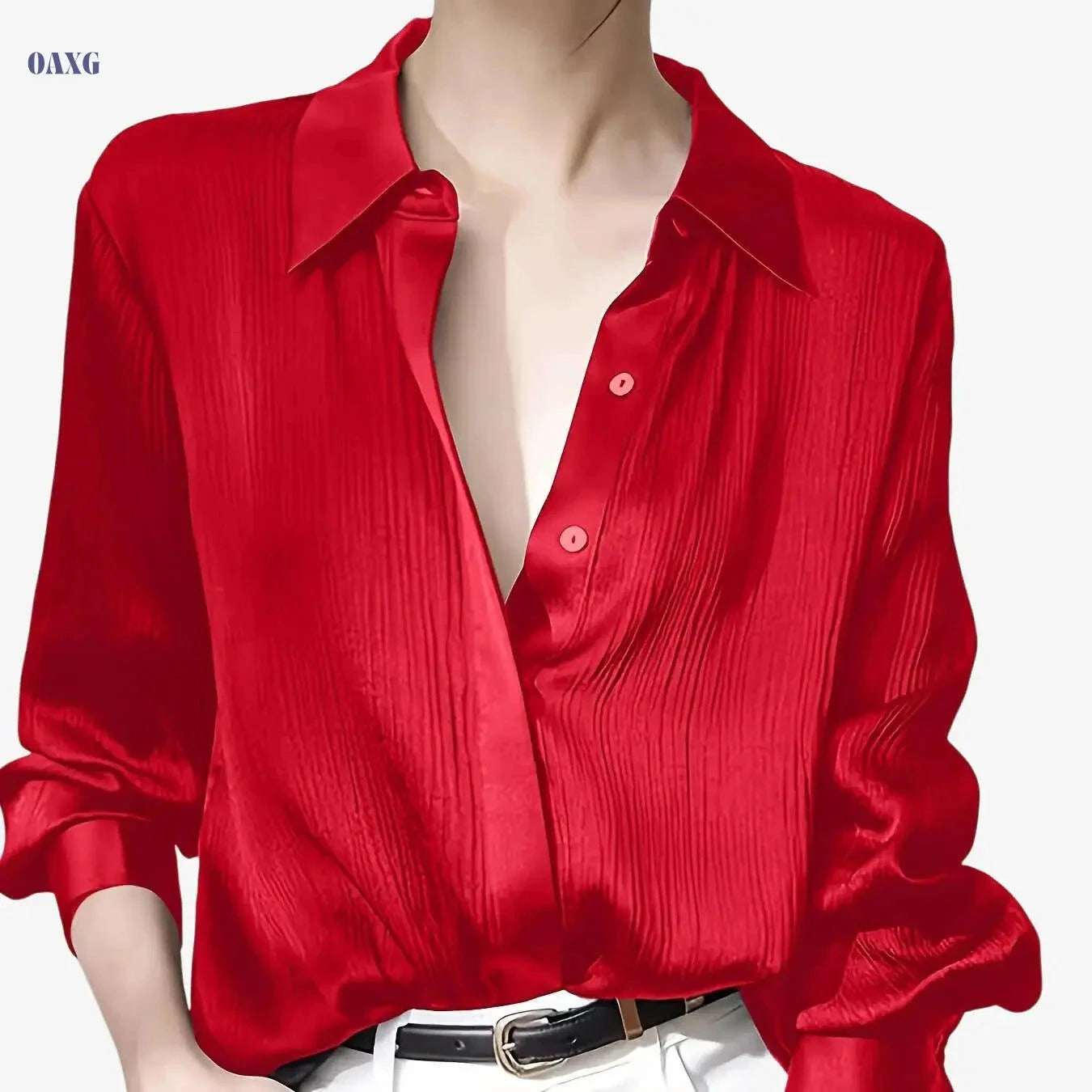 Elegant Women's Black Satin Shirt - Long Sleeve, Chic Style Top   OAXG Silvery Grey / S