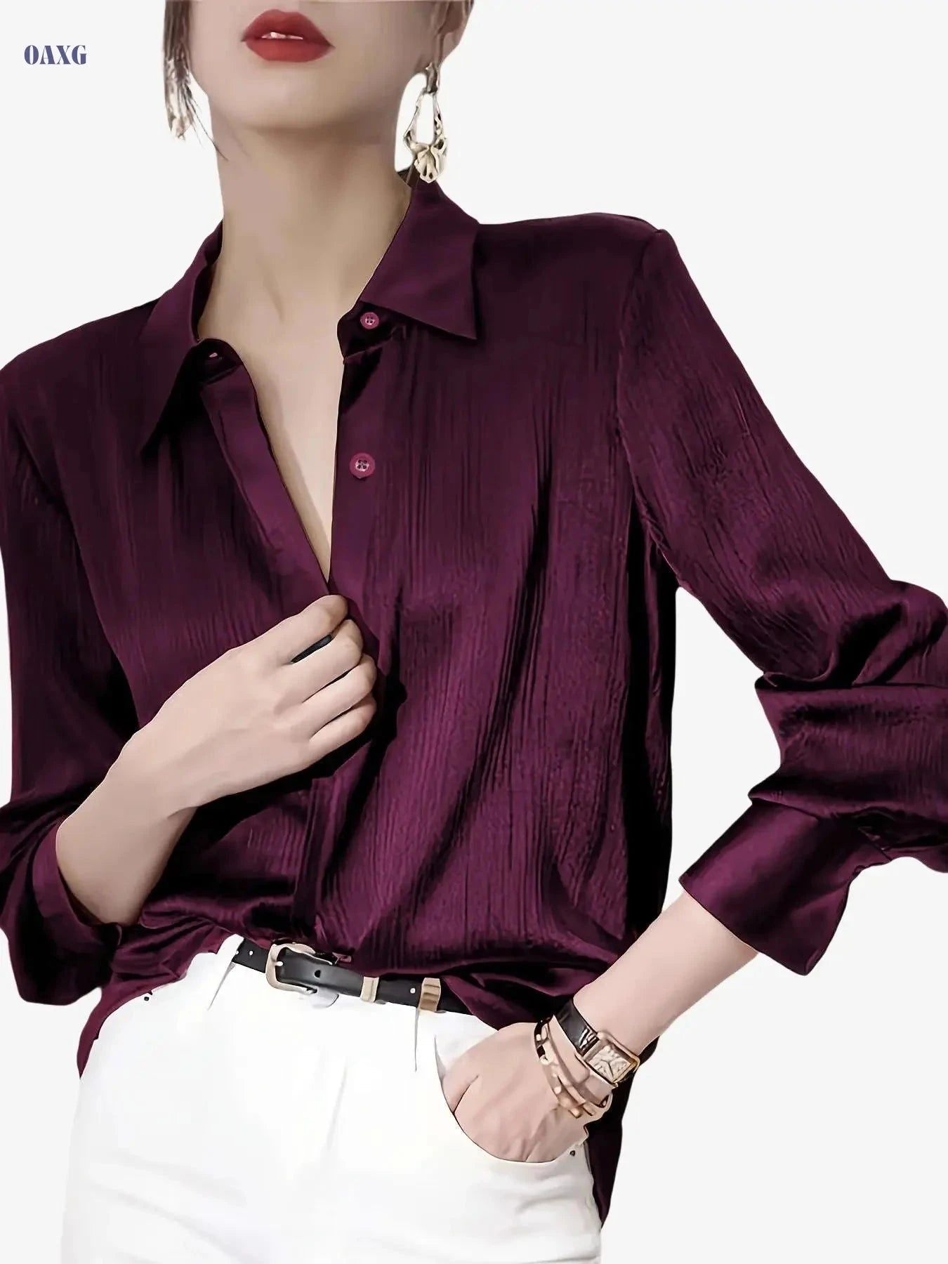 Elegant Women's Black Satin Shirt - Long Sleeve, Chic Style Top   OAXG Silvery Grey / S