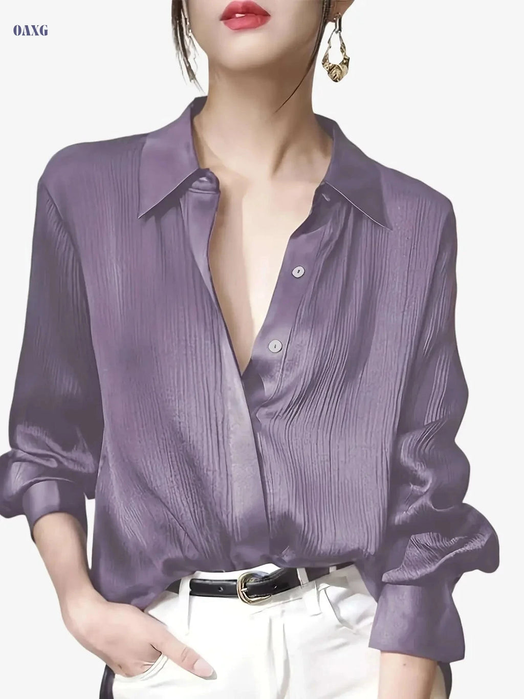 Elegant Women's Black Satin Shirt - Long Sleeve, Chic Style Top   OAXG 