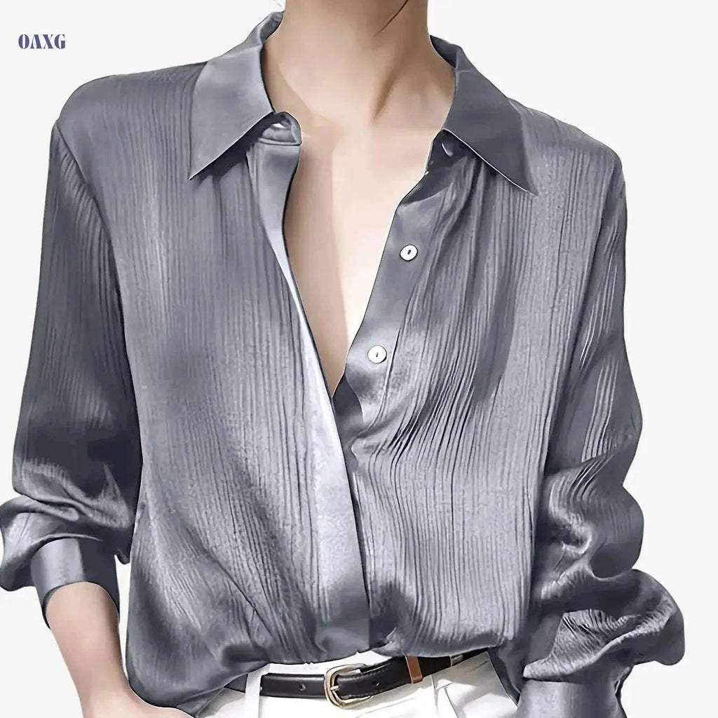 Elegant Women's Black Satin Shirt - Long Sleeve, Chic Style Top   OAXG 