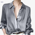 Elegant Women's Black Satin Shirt - Long Sleeve, Chic Style Top   OAXG 