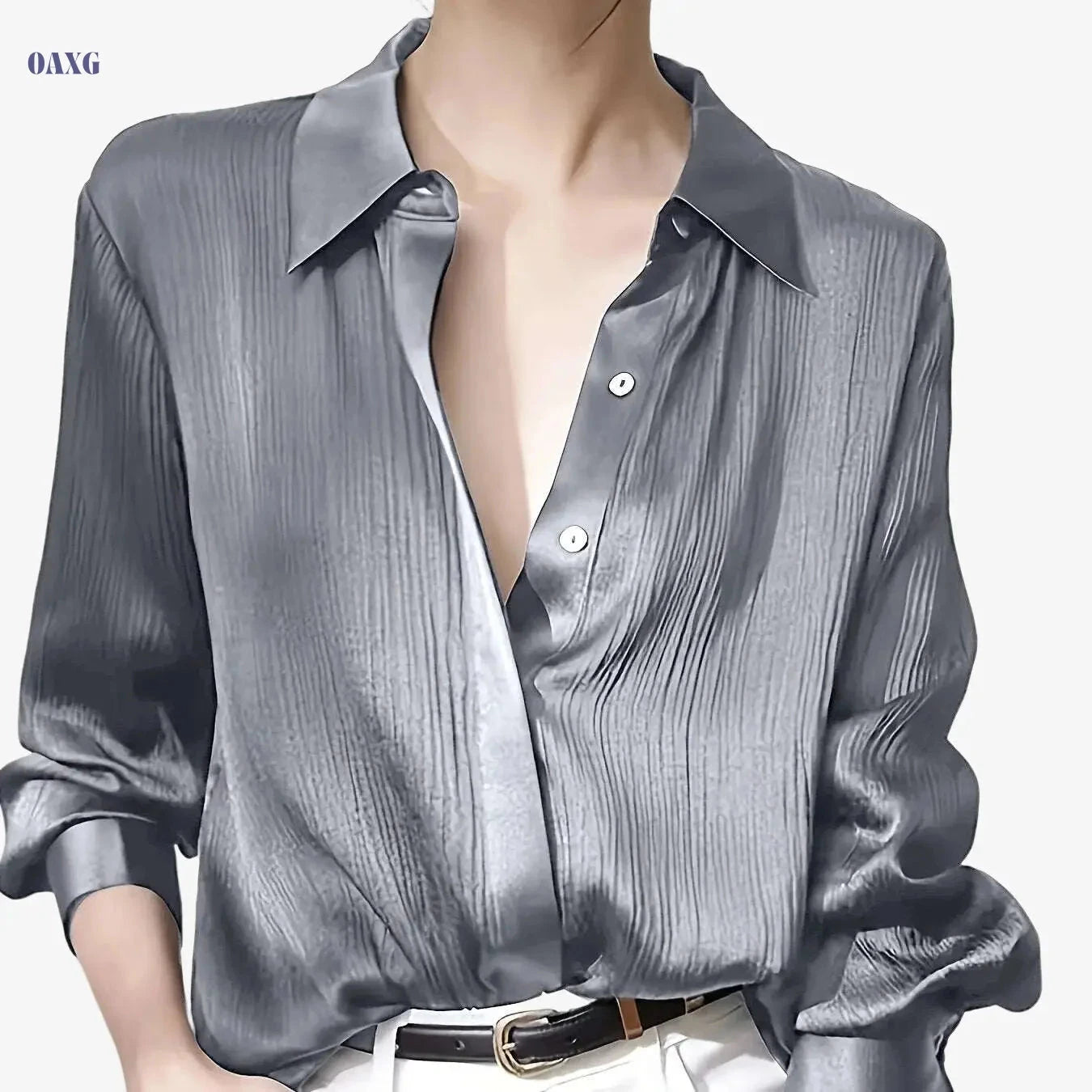 Elegant Women's Black Satin Shirt - Long Sleeve, Chic Style Top   OAXG 