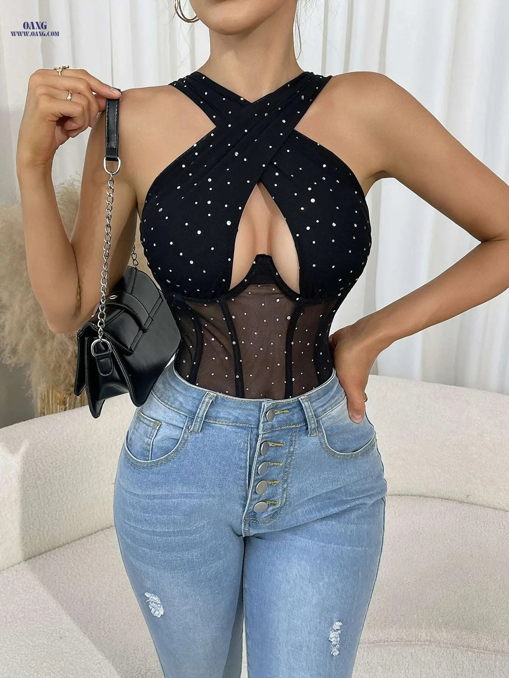 Elegant Women's Black Sequin Halter Neck Corset Top - Slim-Fit Design   OAXG Black / S