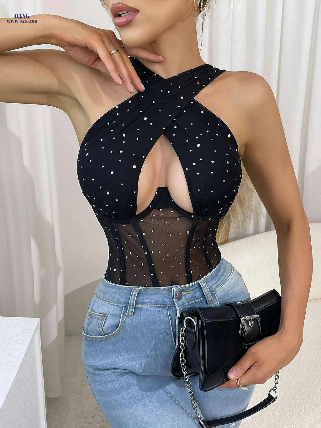 Elegant Women's Black Sequin Halter Neck Corset Top - Slim-Fit Design   OAXG Black / S