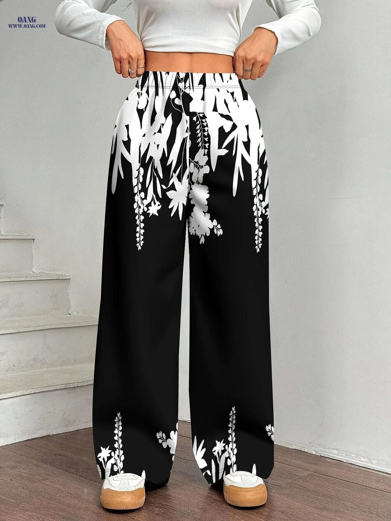Elegant Women's Black & White Wide Leg Trousers for Autumn/Winter   OAXG Black / S