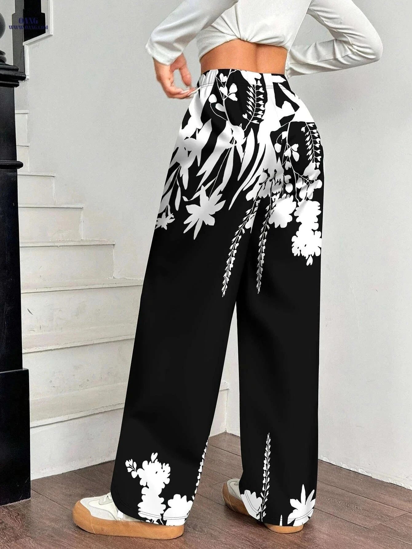 Elegant Women's Black & White Wide Leg Trousers for Autumn/Winter   OAXG Black / S