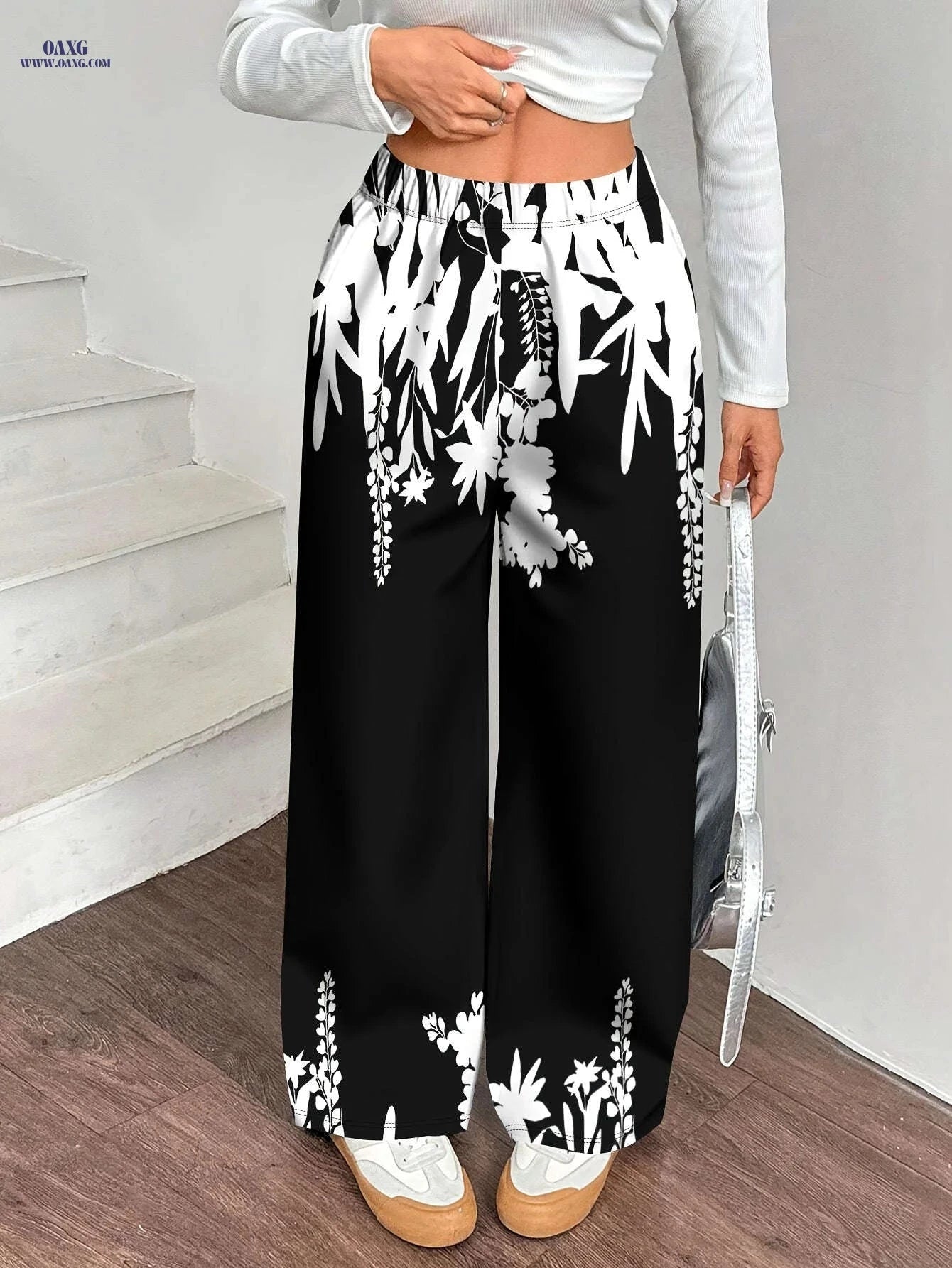 Elegant Women's Black & White Wide Leg Trousers for Autumn/Winter   OAXG Black / S