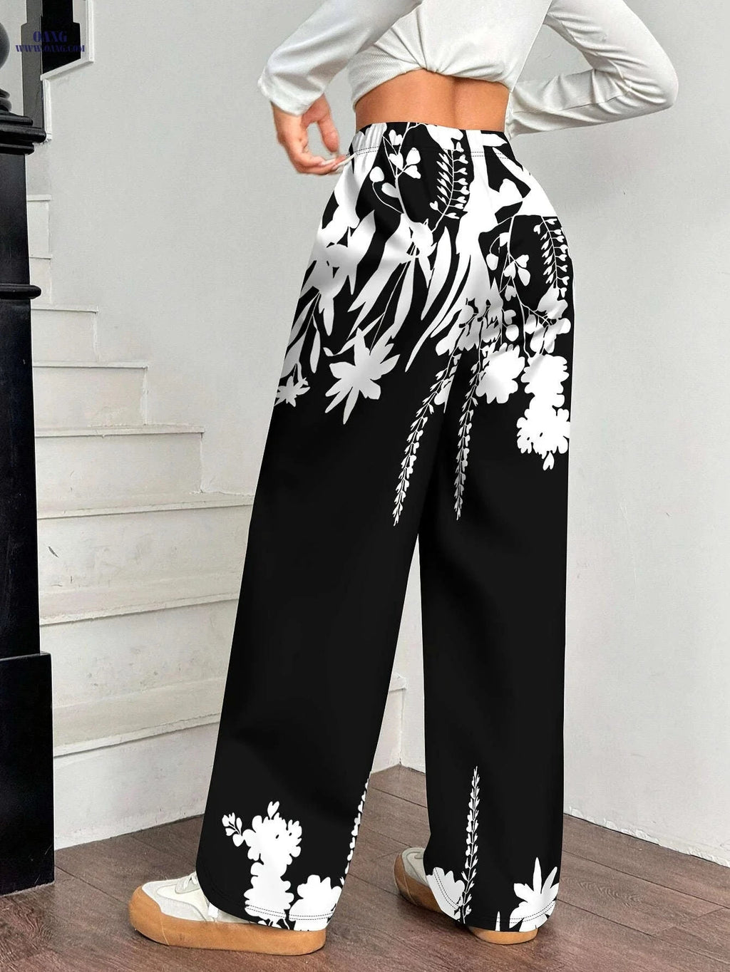 Elegant Women's Black & White Wide Leg Trousers for Autumn/Winter   OAXG Black / S