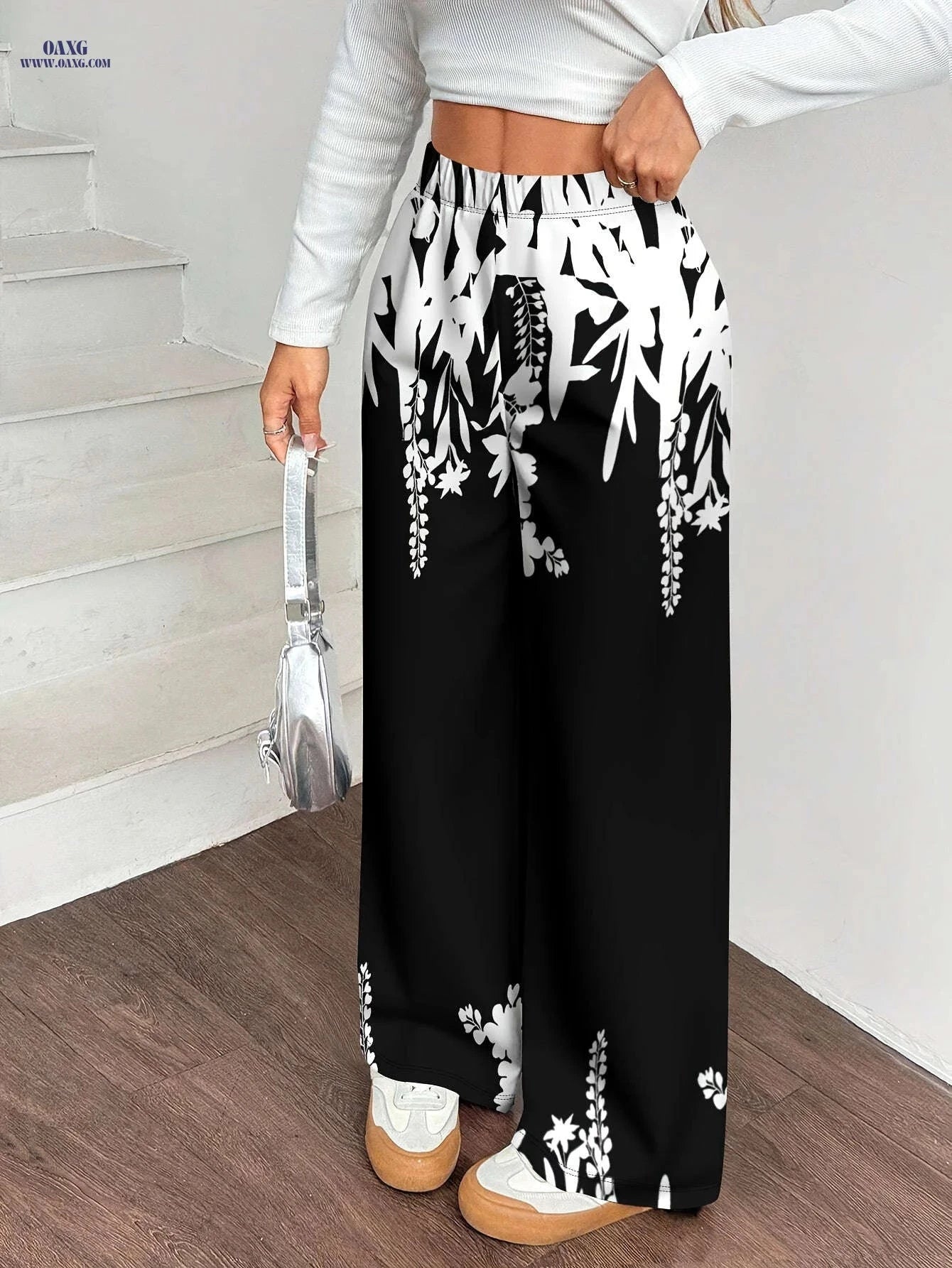 Elegant Women's Black & White Wide Leg Trousers for Autumn/Winter   OAXG Black / S