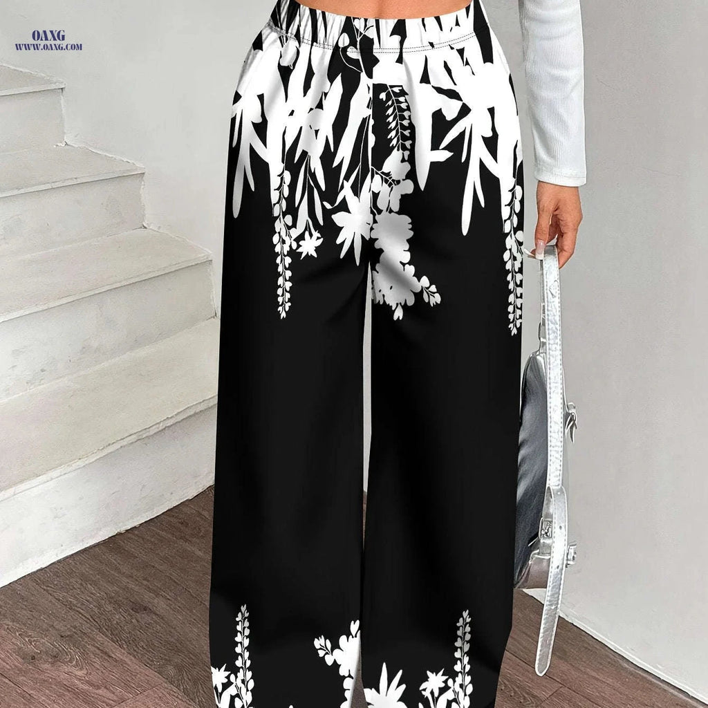 Elegant Women's Black & White Wide Leg Trousers for Autumn/Winter   OAXG Black / S