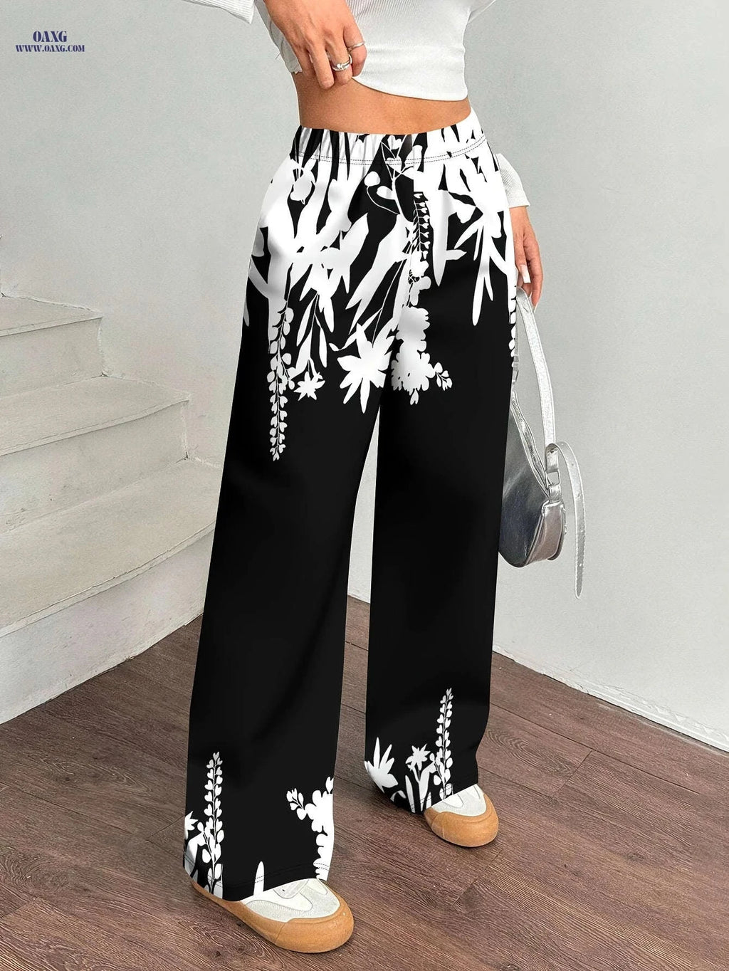 Elegant Women's Black & White Wide Leg Trousers for Autumn/Winter   OAXG Black / S