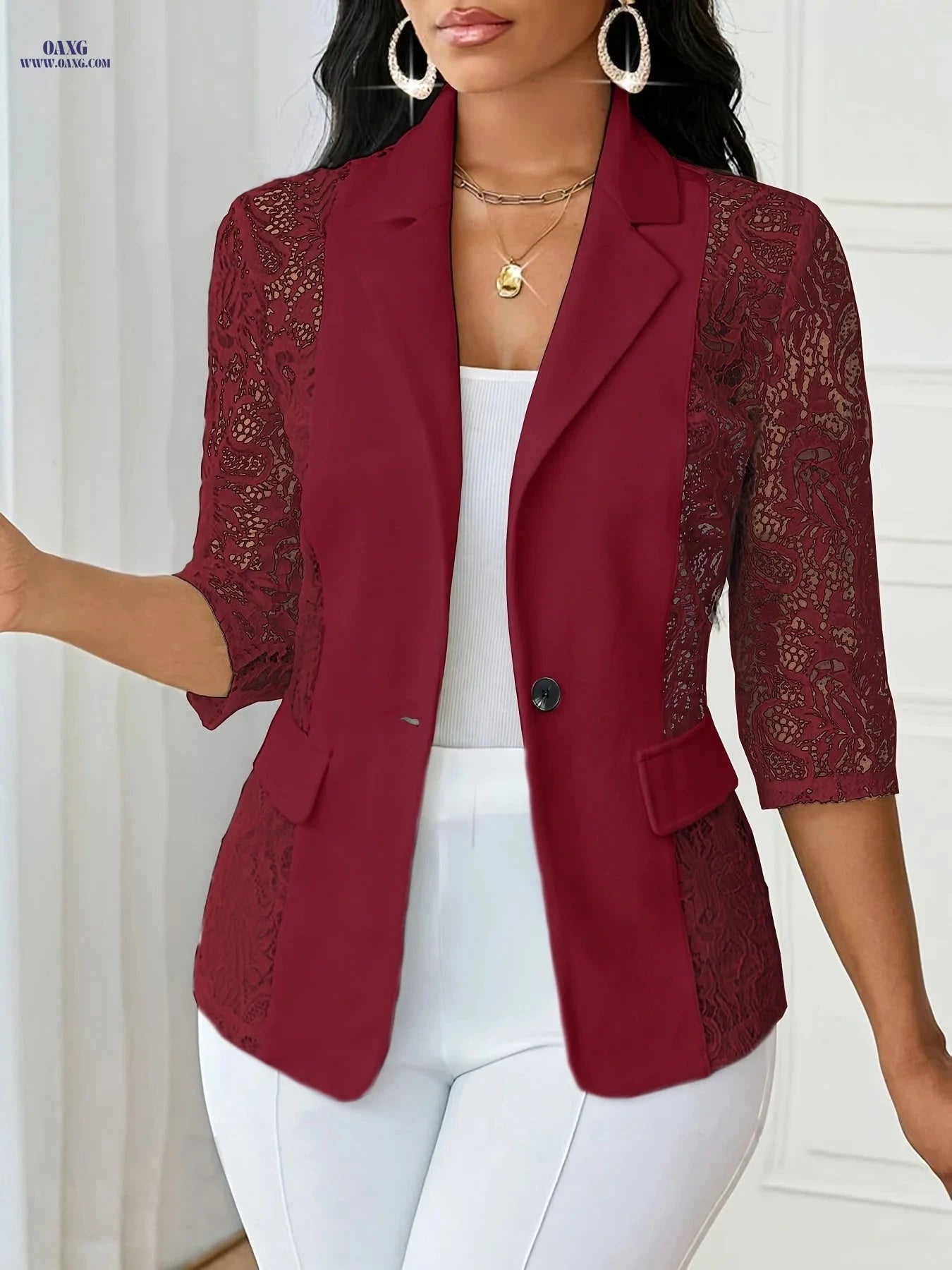 Elegant Women's Blazer - Lapel Button Front & 7-Point Sleeve Design   OAXG 