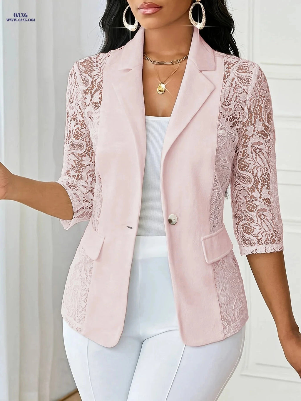 Elegant Women's Blazer - Lapel Button Front & 7-Point Sleeve Design   OAXG 