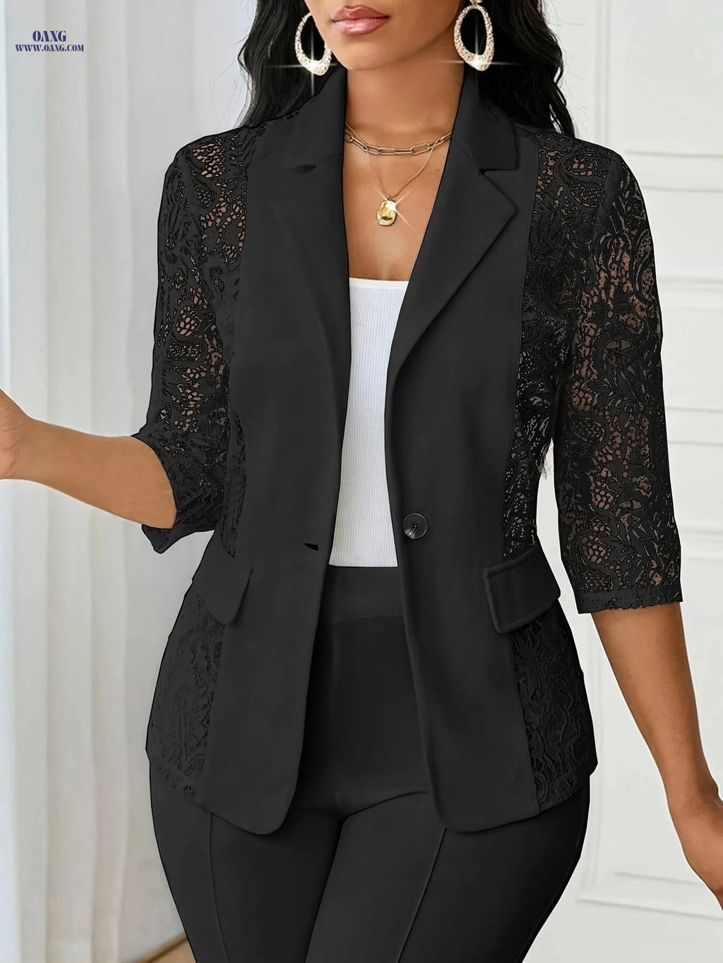 Elegant Women's Blazer - Lapel Button Front & 7-Point Sleeve Design   OAXG 