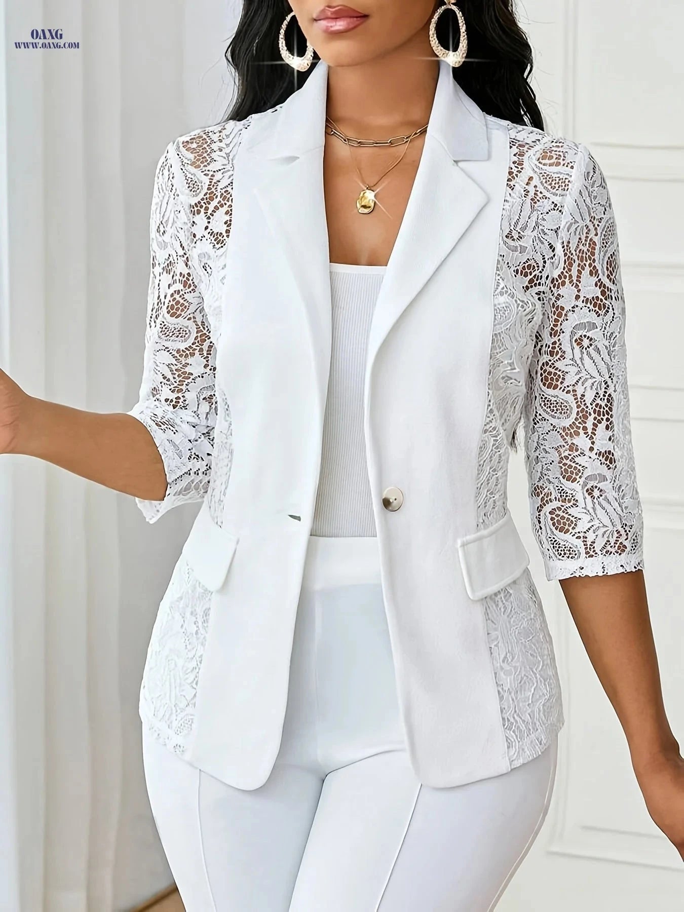 Elegant Women's Blazer - Lapel Button Front & 7-Point Sleeve Design   OAXG White / S