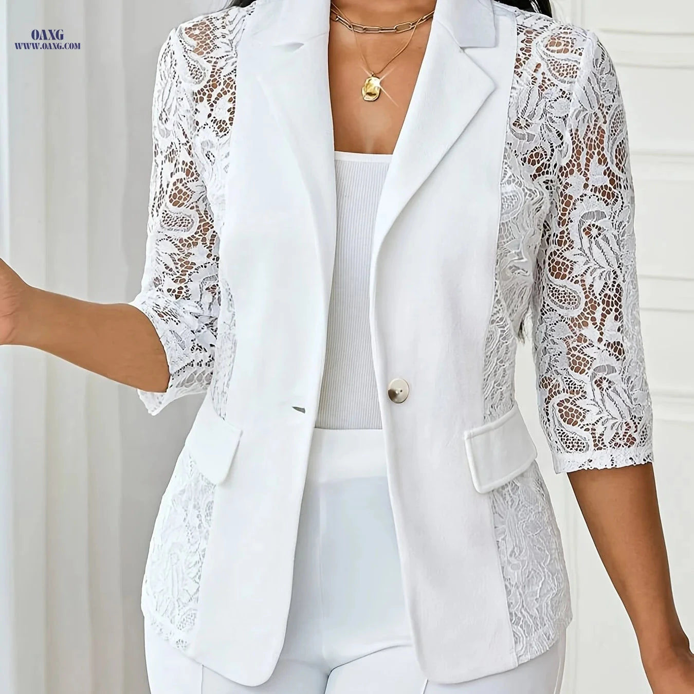 Elegant Women's Blazer - Lapel Button Front & 7-Point Sleeve Design   OAXG White / S