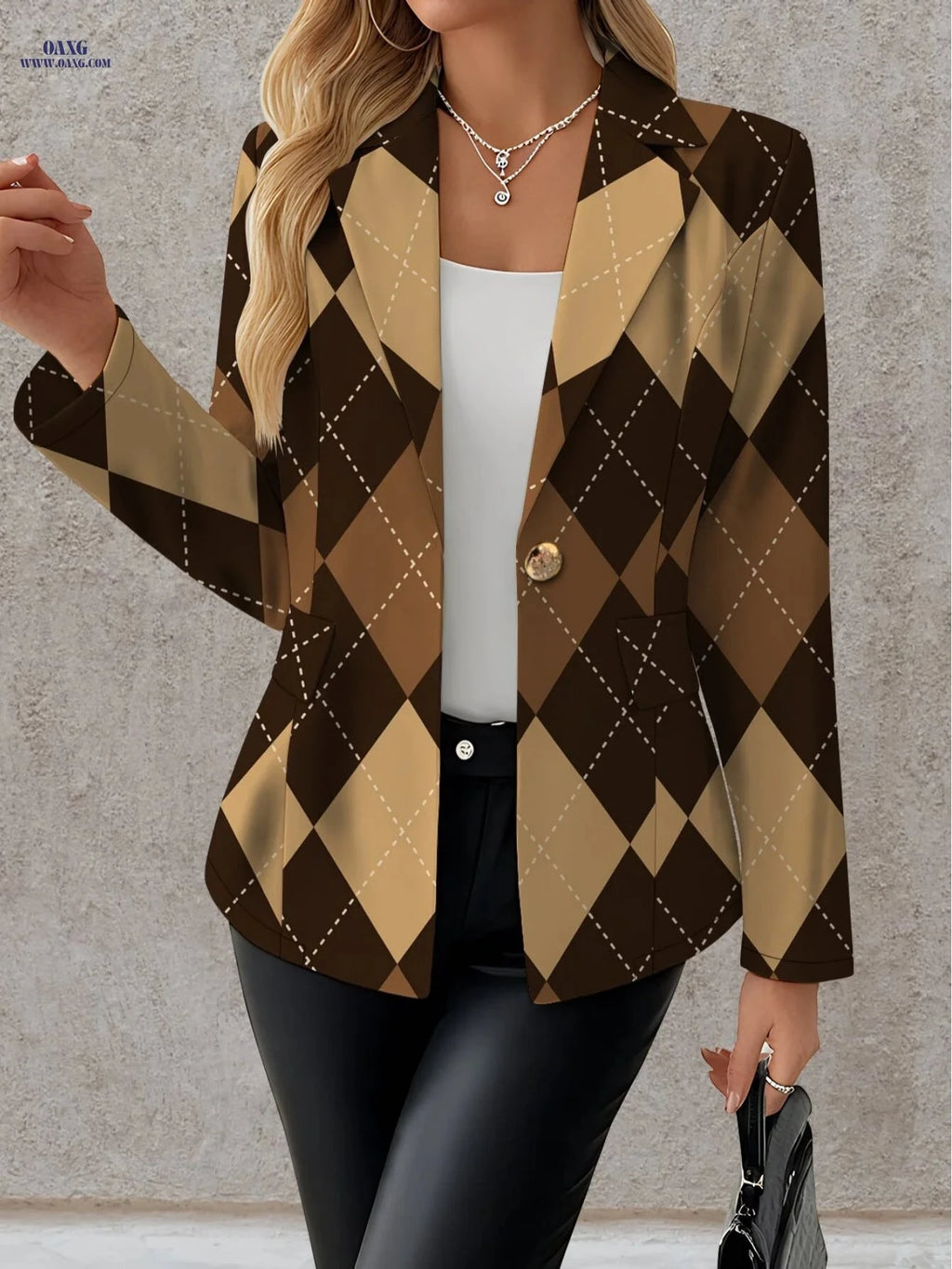 Elegant Women's Blazer - Long Sleeve Diamond Check for Autumn   OAXG Mixed colors / XS