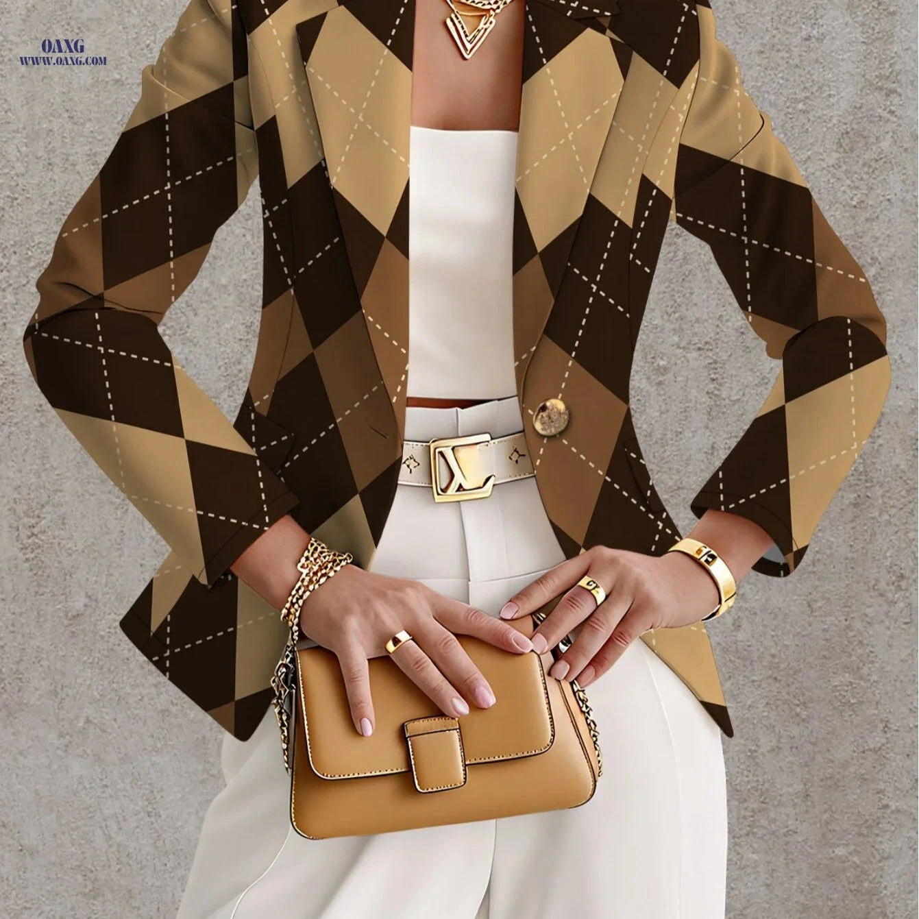 Elegant Women's Blazer - Long Sleeve Diamond Check for Autumn   OAXG Mixed colors / XS