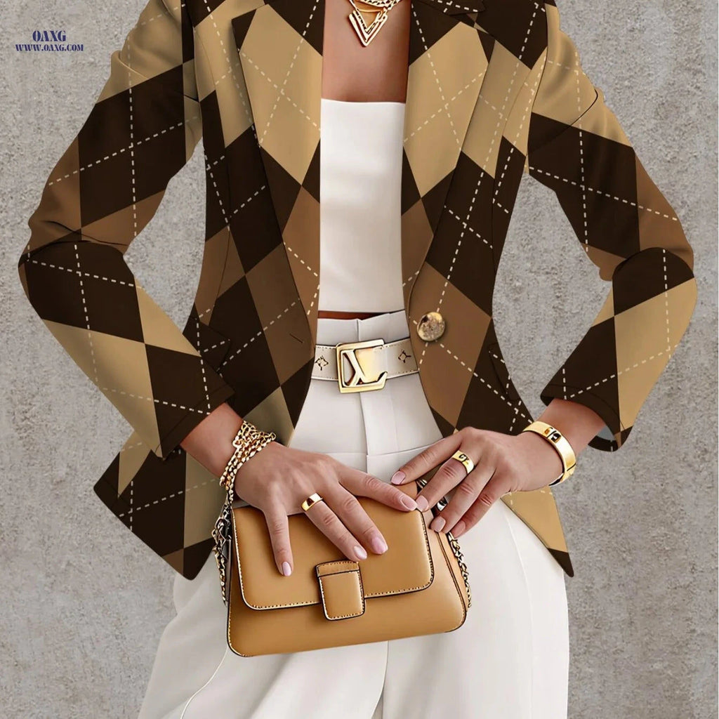 Elegant Women's Blazer - Long Sleeve Diamond Check for Autumn   OAXG Mixed colors / XS