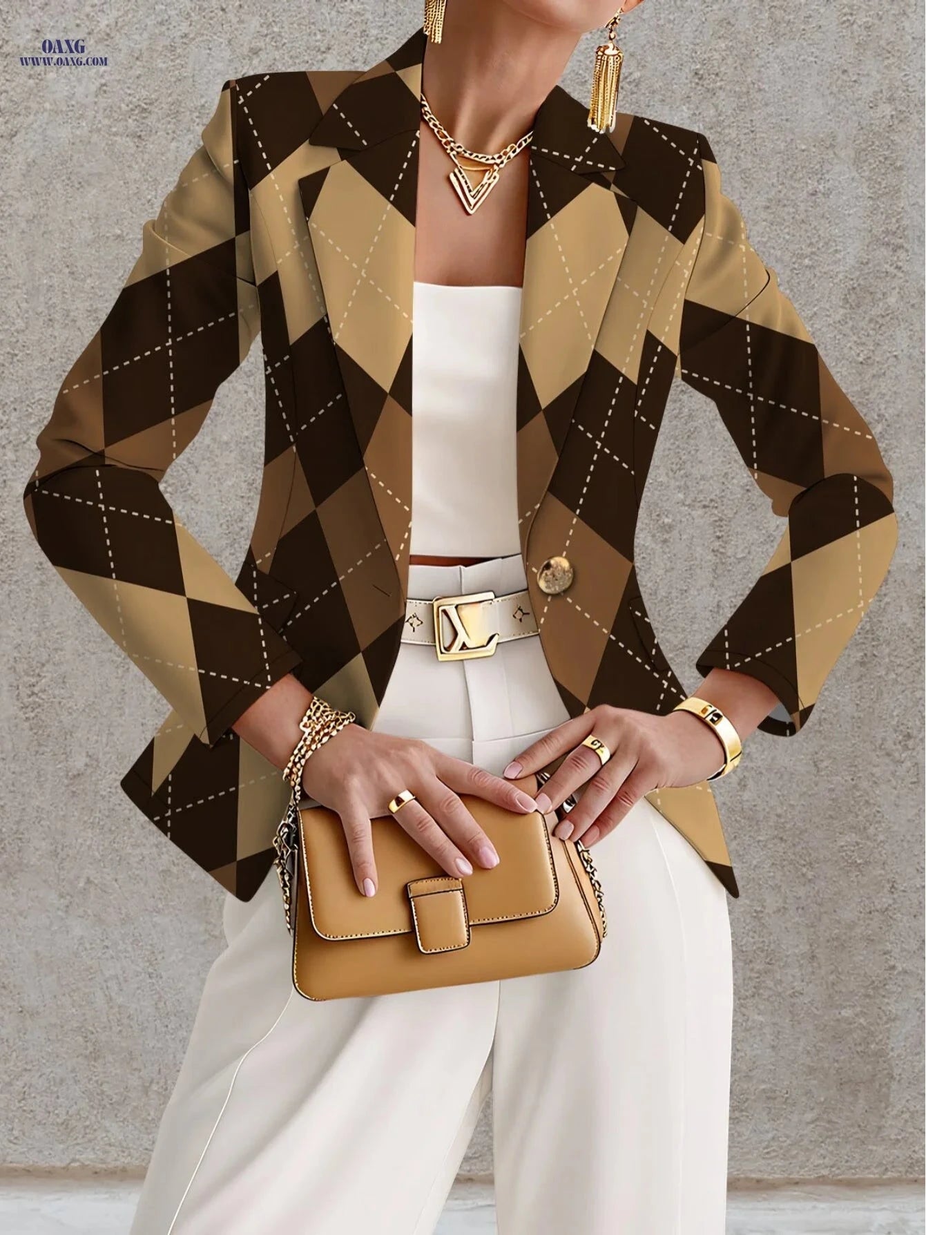 Elegant Women's Blazer - Long Sleeve Diamond Check for Autumn   OAXG Mixed colors / XS