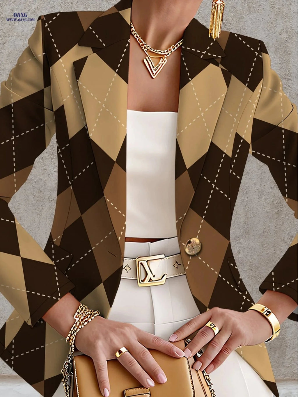 Elegant Women's Blazer - Long Sleeve Diamond Check for Autumn   OAXG 
