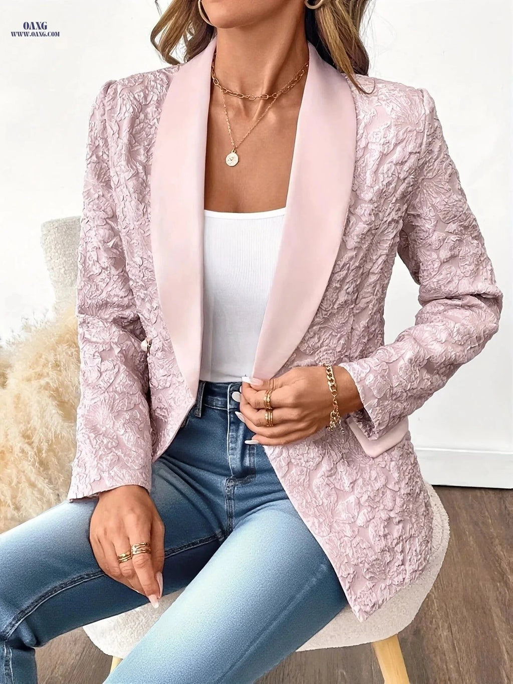 Elegant Women's Blazer - Long Sleeve, Solid Color, Loose Fit   OAXG pink color / S