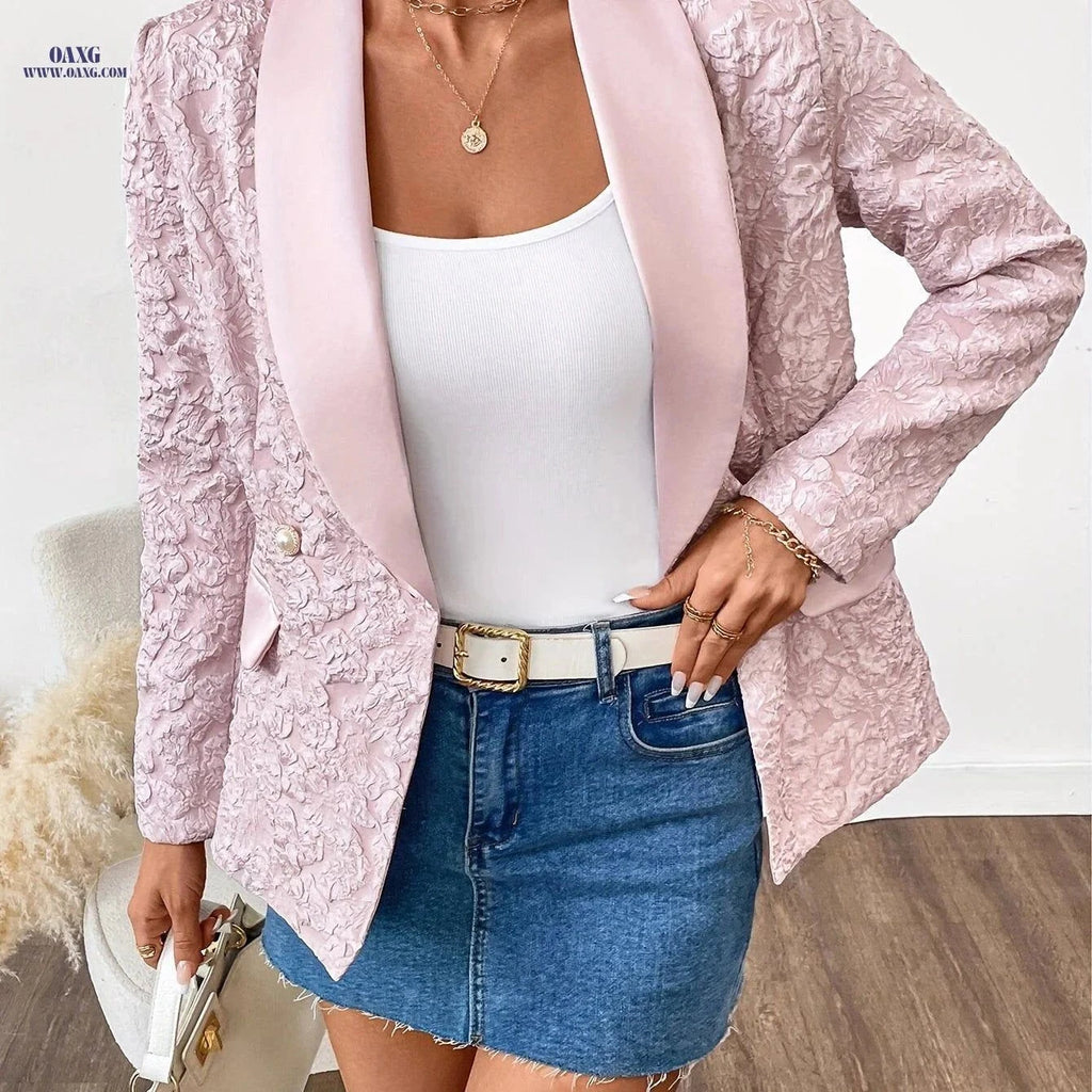 Elegant Women's Blazer - Long Sleeve, Solid Color, Loose Fit   OAXG pink color / S