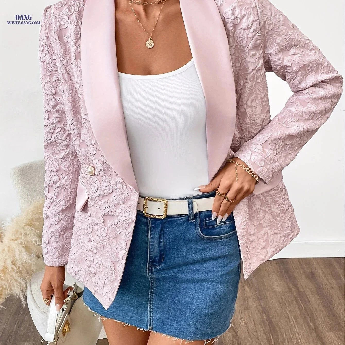 Elegant Women's Blazer - Long Sleeve, Solid Color, Loose Fit   OAXG pink color / S