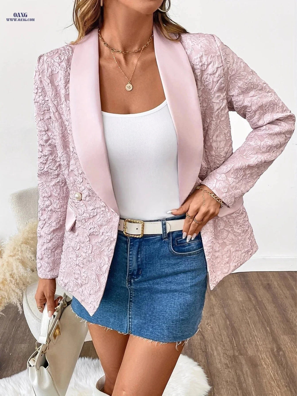 Elegant Women's Blazer - Long Sleeve, Solid Color, Loose Fit   OAXG pink color / S
