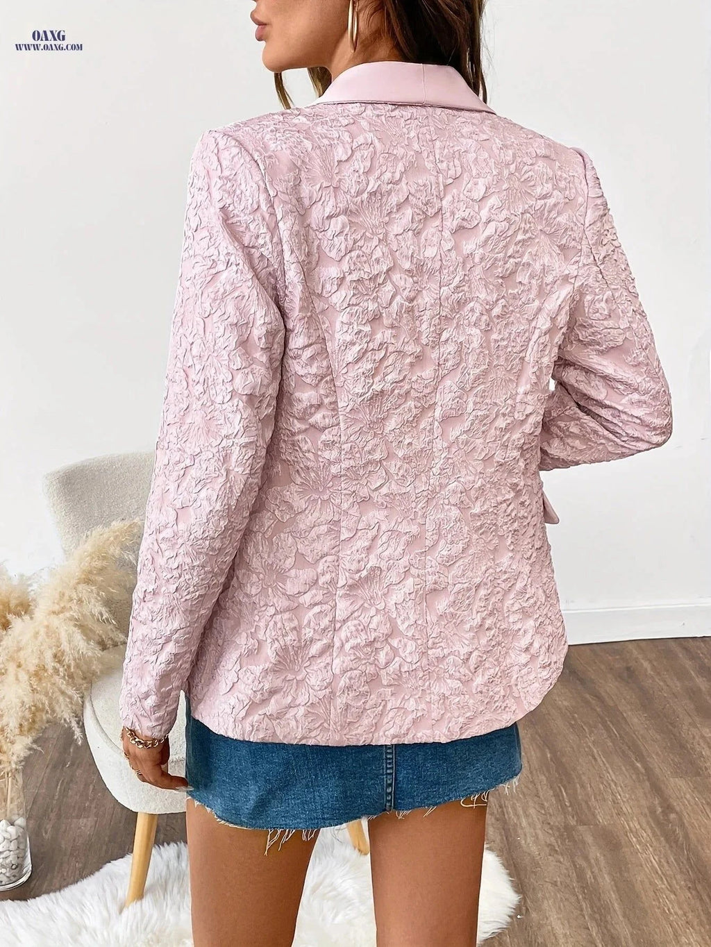 Elegant Women's Blazer - Long Sleeve, Solid Color, Loose Fit   OAXG pink color / S