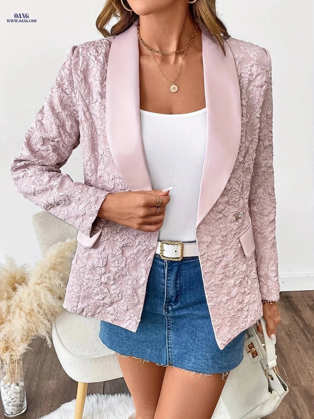Elegant Women's Blazer - Long Sleeve, Solid Color, Loose Fit   OAXG pink color / S