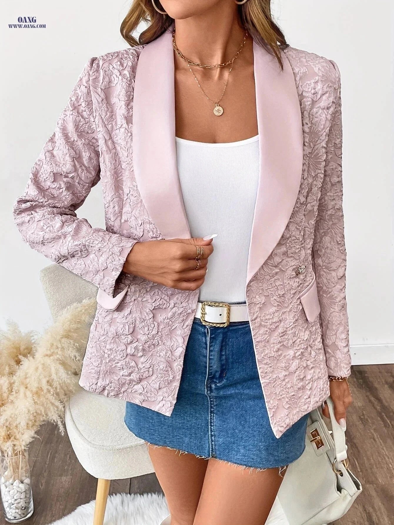 Elegant Women's Blazer - Long Sleeve, Solid Color, Loose Fit   OAXG pink color / S