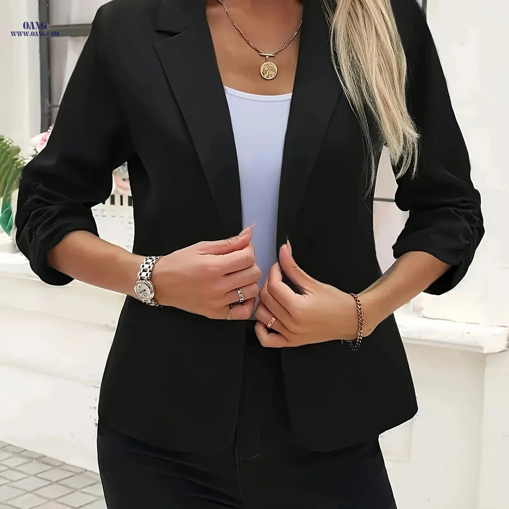Elegant Women's Blazer - Solid Color Long Sleeve Lapel Collar   OAXG Black / S
