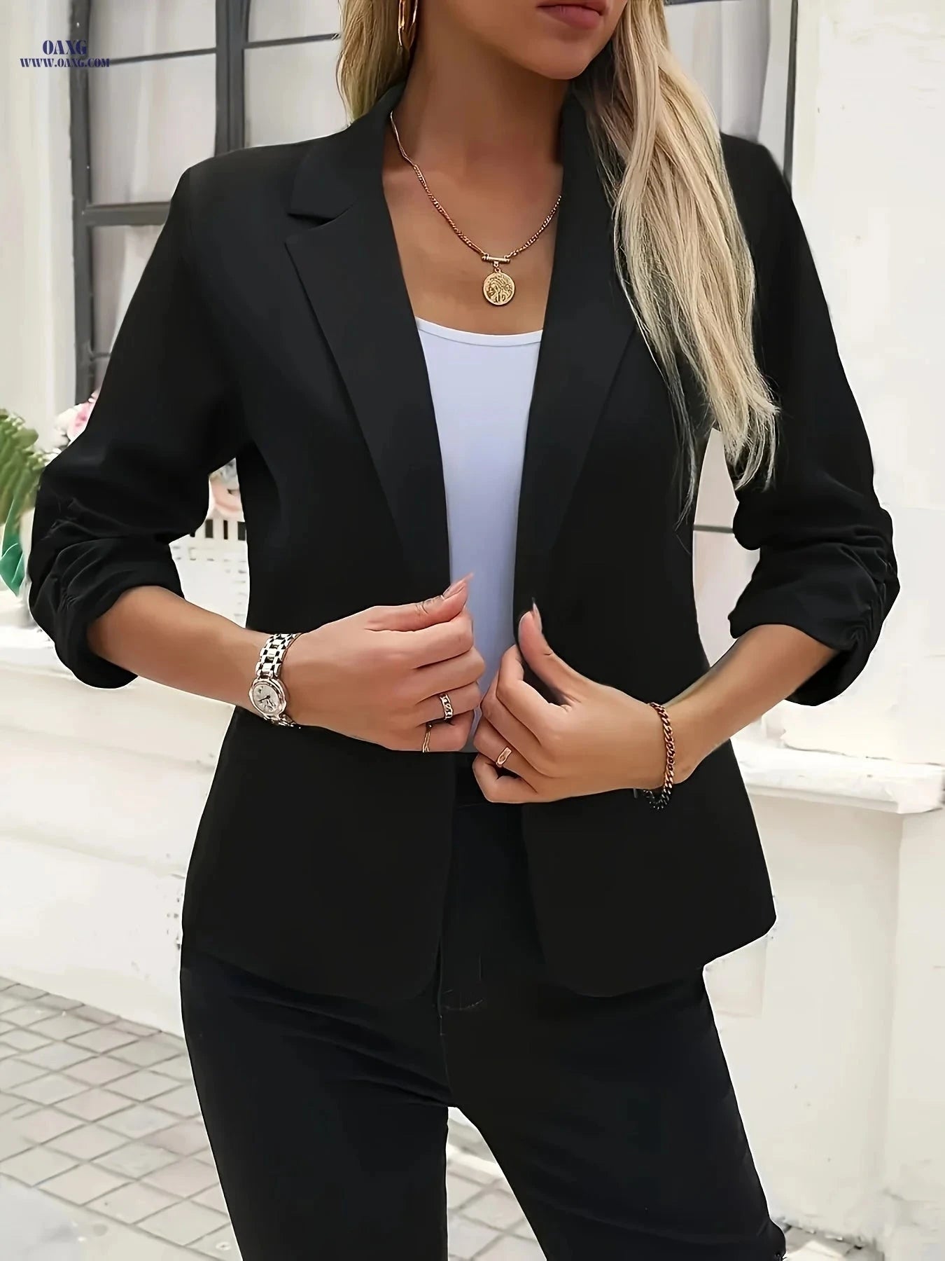 Elegant Women's Blazer - Solid Color Long Sleeve Lapel Collar   OAXG Black / S