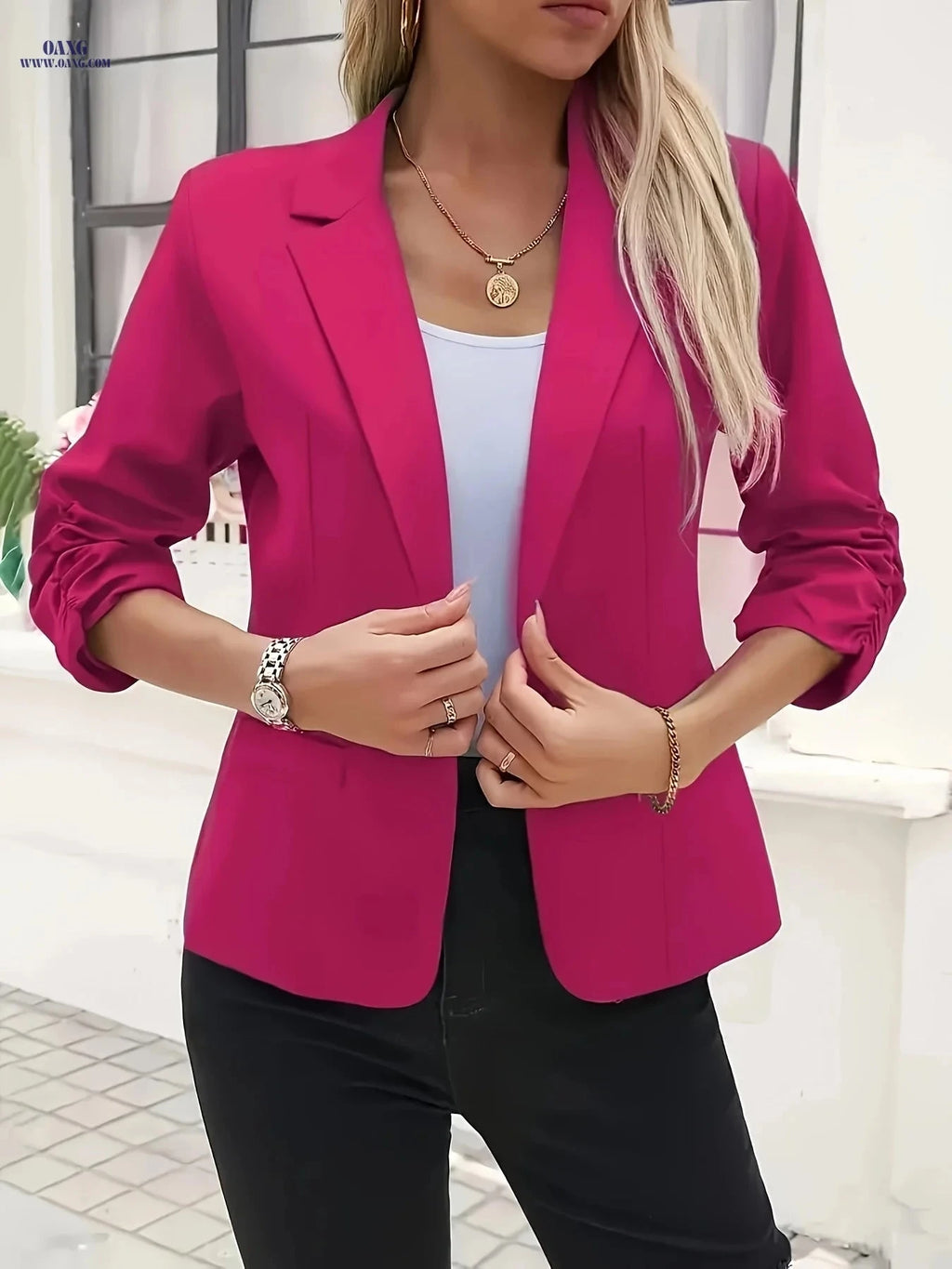 Elegant Women's Blazer - Solid Color Long Sleeve Lapel Collar   OAXG Black / S