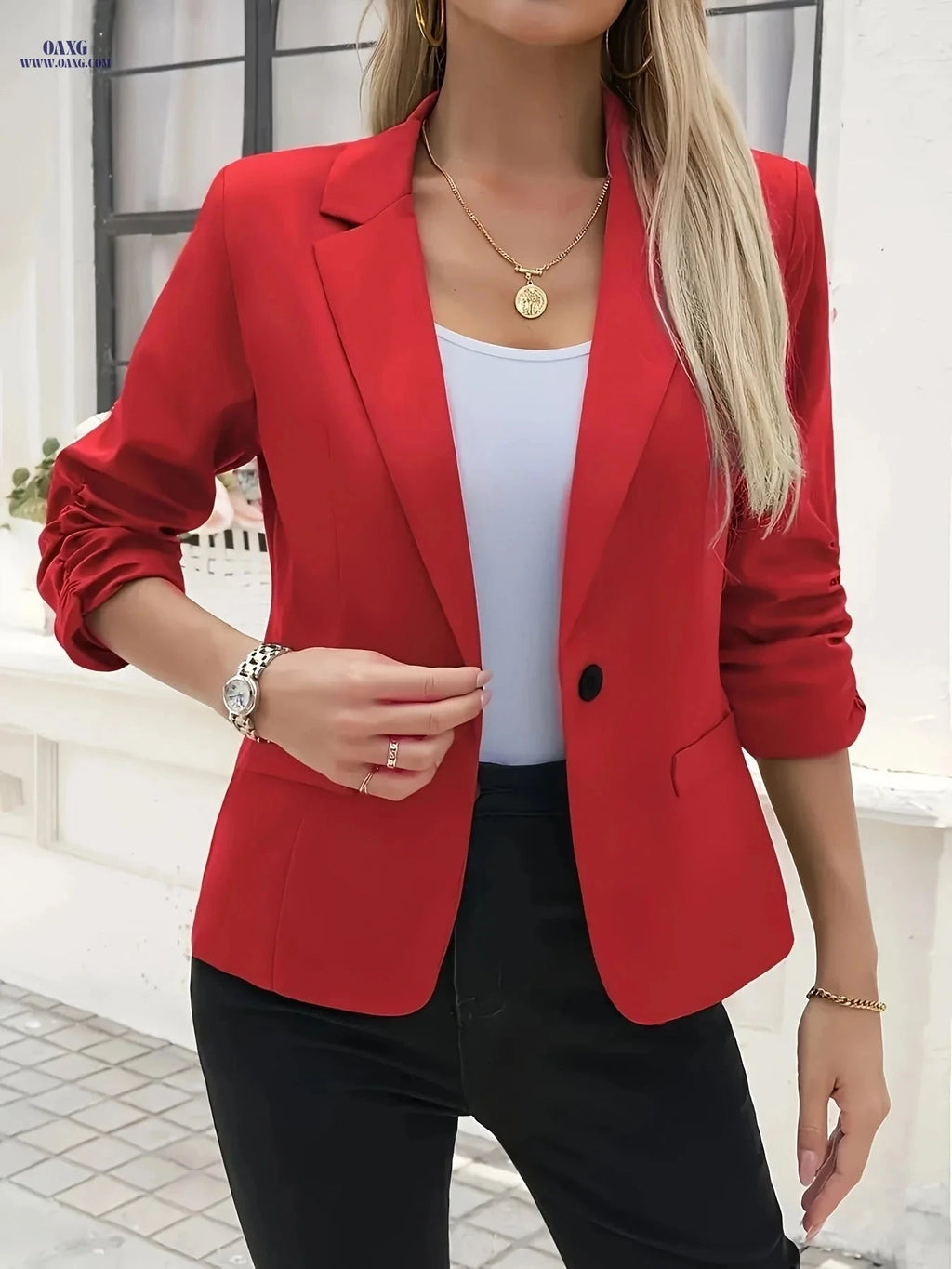 Elegant Women's Blazer - Solid Color Long Sleeve Lapel Collar   OAXG Black / S