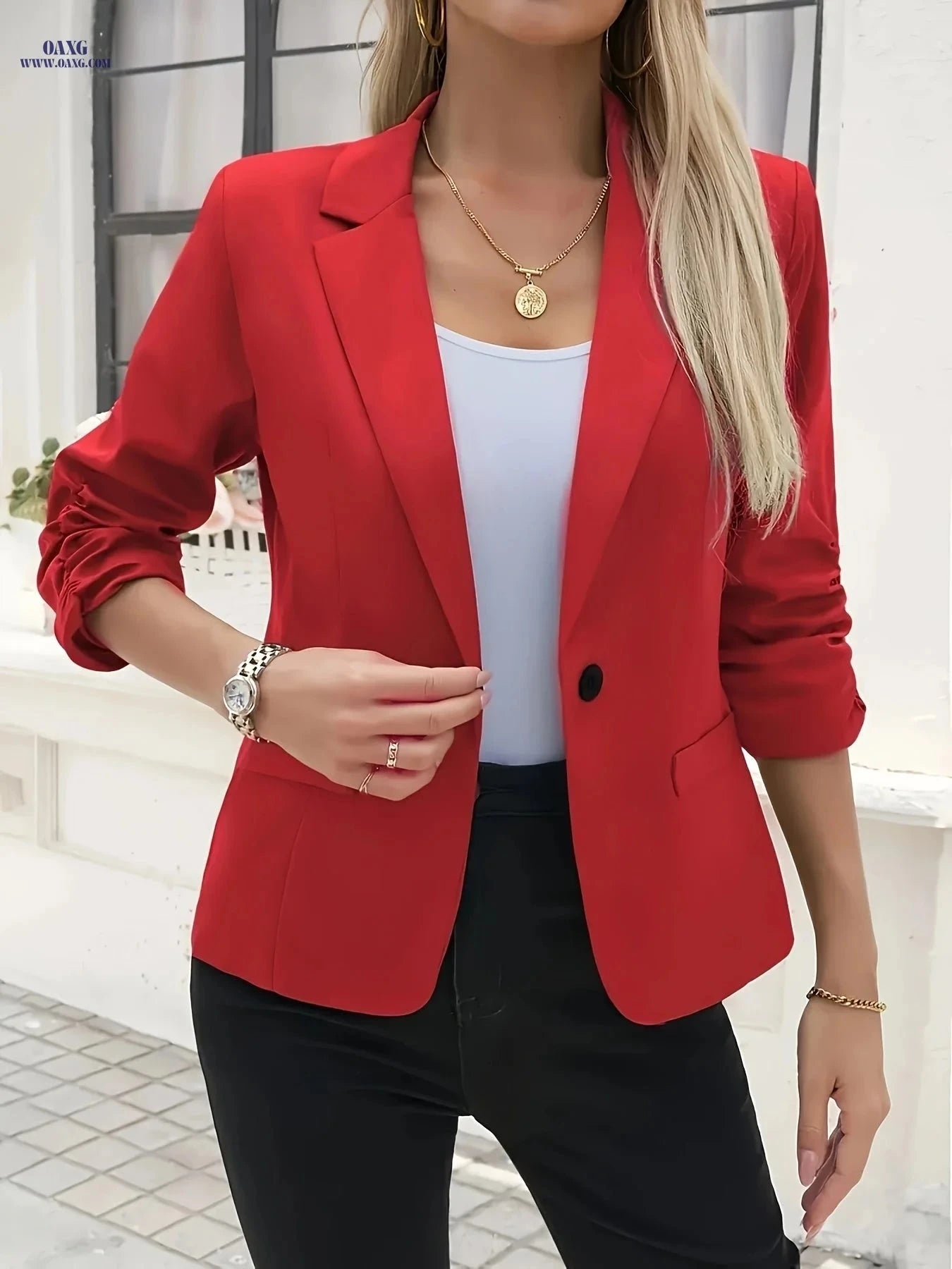 Elegant Women's Blazer - Solid Color Long Sleeve Lapel Collar   OAXG Black / S