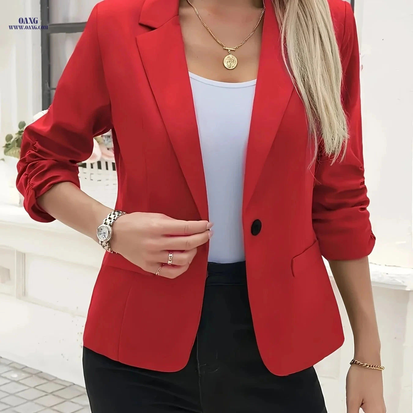 Elegant Women's Blazer - Solid Color Long Sleeve Lapel Collar   OAXG 