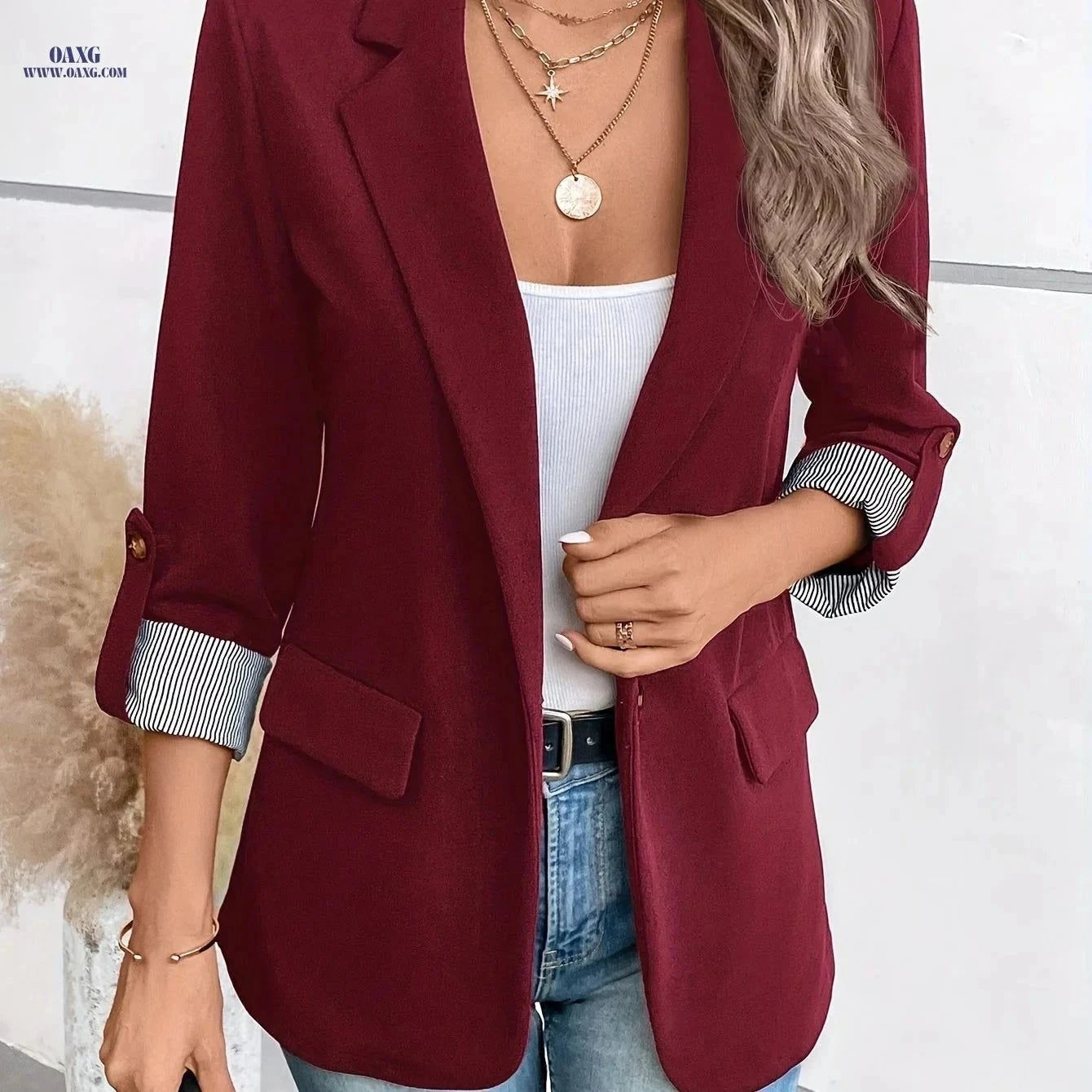 Elegant Women's Blazer - Three Quarter Sleeve, Solid Color Style   OAXG Navy Color / S