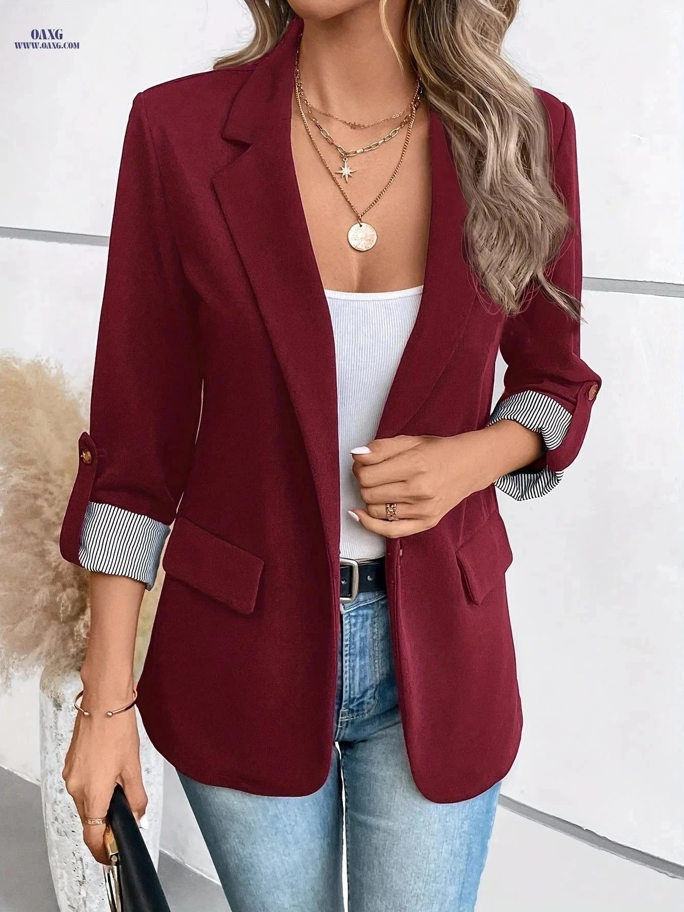 Elegant Women's Blazer - Three Quarter Sleeve, Solid Color Style   OAXG Navy Color / S